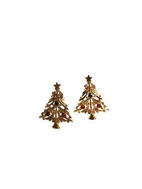 WOMENS GOLD TONE CHRISTMAS TREE WITH COLOR ORNAMENT STONE EARRINGS